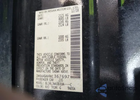 2019 Nissan Maxima 3.5 Sv z USA, uszkodzony, nr VIN 1N4AA6AV4KC367697